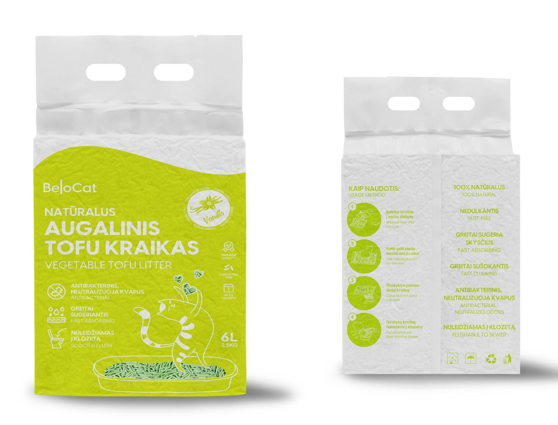 Kraikas katėms TOFU BeloCat, vanilės kvapo, 6 l (2,5 kg), 2 mm granulės