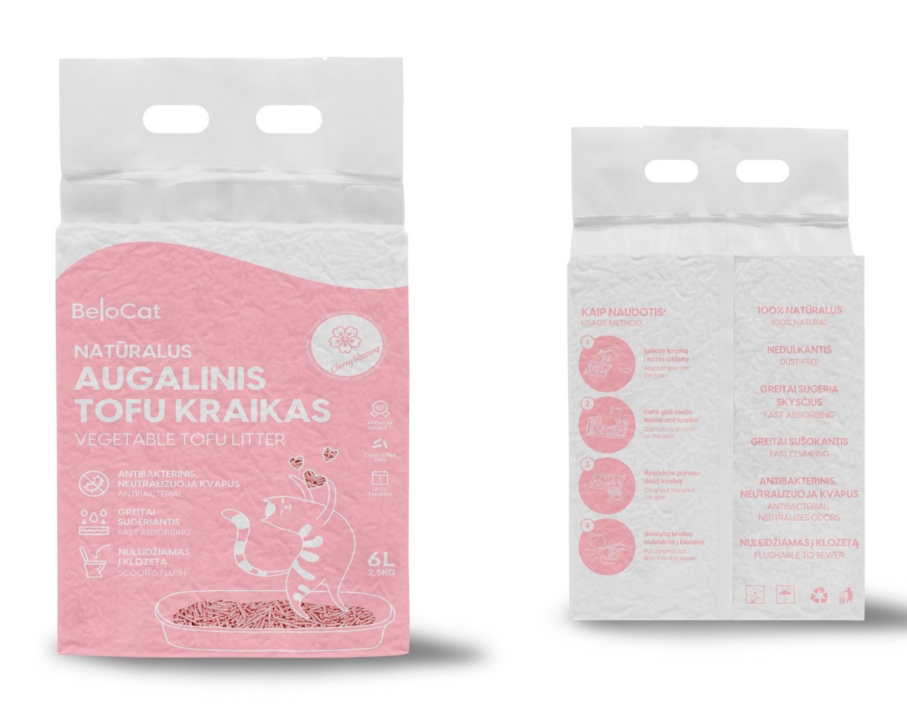 Kraikas katėms TOFU BeloCat, vyšnių žiedų kvapo, 6 l (2,5 kg), 2 mm granulės - papildoma nuotrauka 2