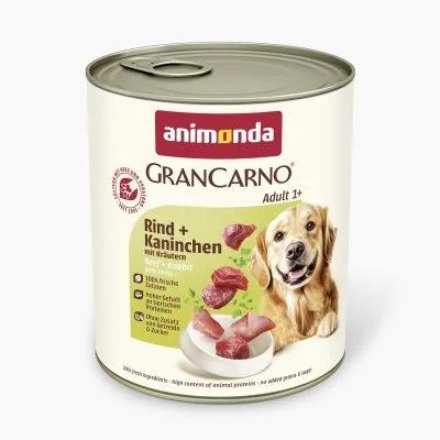 Animonda GranCarno Adult Beef + Rabbit with Herbs: konservai suaugusiems šunims su šviežia jautiena ir triušiena, paskaninta žolelėmis, 800 g