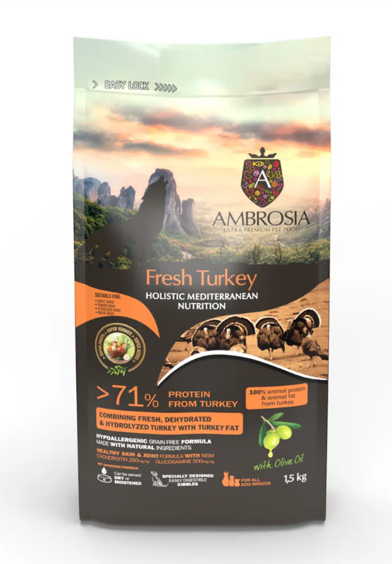 AMBROSIA Senior Monoproteininis begrūdis sausas maistas vyresniems / sterilizuotiems šunims su kalakutiena, 5 kg Fresh Turkey Monoprotein Senior, Obese & Sterilized