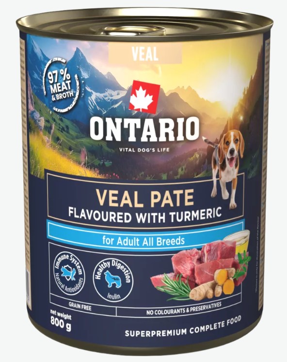 Ontario konservai šunims su veršiena ir ciberžole, 800 g, Veal Pate flavoured with Turmeric