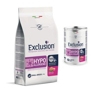 Jautriam mažam šuniui — Exclusion Hypo Mini kiauliena: 2 kg sausas + 4 konservai
