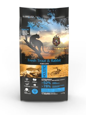 AMBROSIA begrūdis su šviežiu upėtakiu ir triušiena sausas maistas sterilizuotoms katėms, grain-free Sterilized Fresh Trout & Rabbit 5 kg