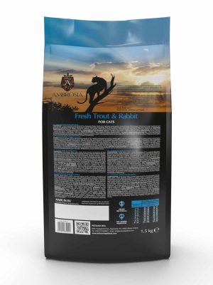 AMBROSIA begrūdis su šviežiu upėtakiu ir triušiena sausas maistas sterilizuotoms katėms, grain-free Sterilized Fresh Trout & Rabbit 5 kg