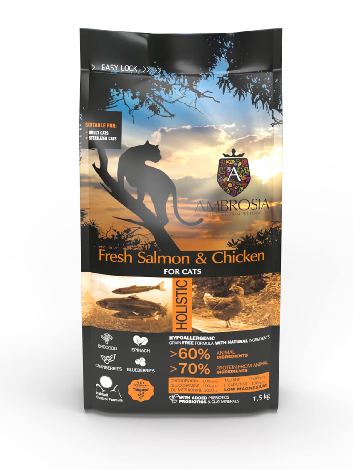 AMBROSIA begrūdis su šviežia lašiša ir vištiena sausas maistas sterilizuotoms katėms, grain-free Sterilized Fresh Salmon & Chicken 1,5 kg