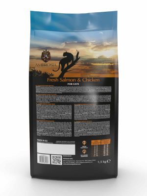 AMBROSIA begrūdis su šviežia lašiša ir vištiena sausas maistas sterilizuotoms katėms, grain-free Sterilized Fresh Salmon & Chicken 5 kg