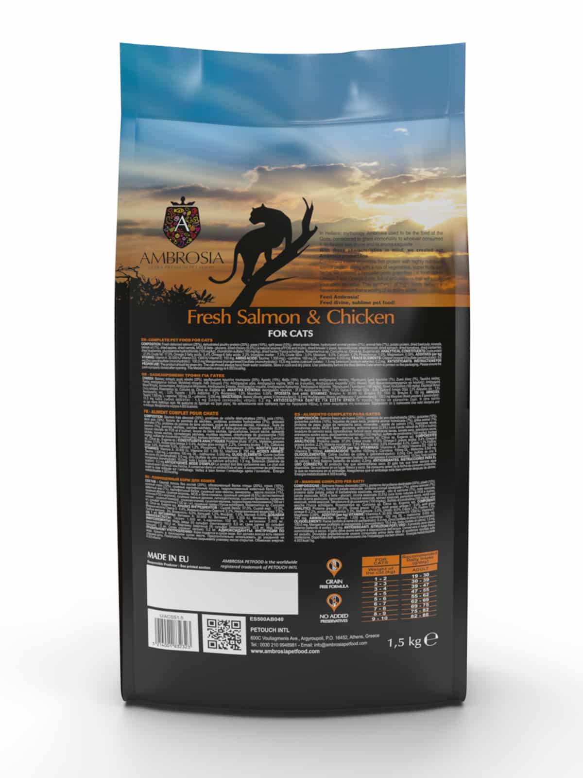 AMBROSIA begrūdis su šviežia lašiša ir vištiena sausas maistas sterilizuotoms katėms, grain-free Sterilized Fresh Salmon & Chicken 1,5 kg