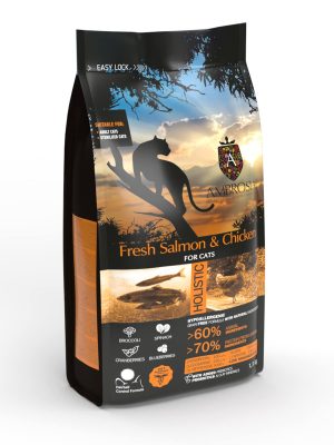 AMBROSIA begrūdis su šviežia lašiša ir vištiena sausas maistas sterilizuotoms katėms, grain-free Sterilized Fresh Salmon & Chicken 1,5 kg