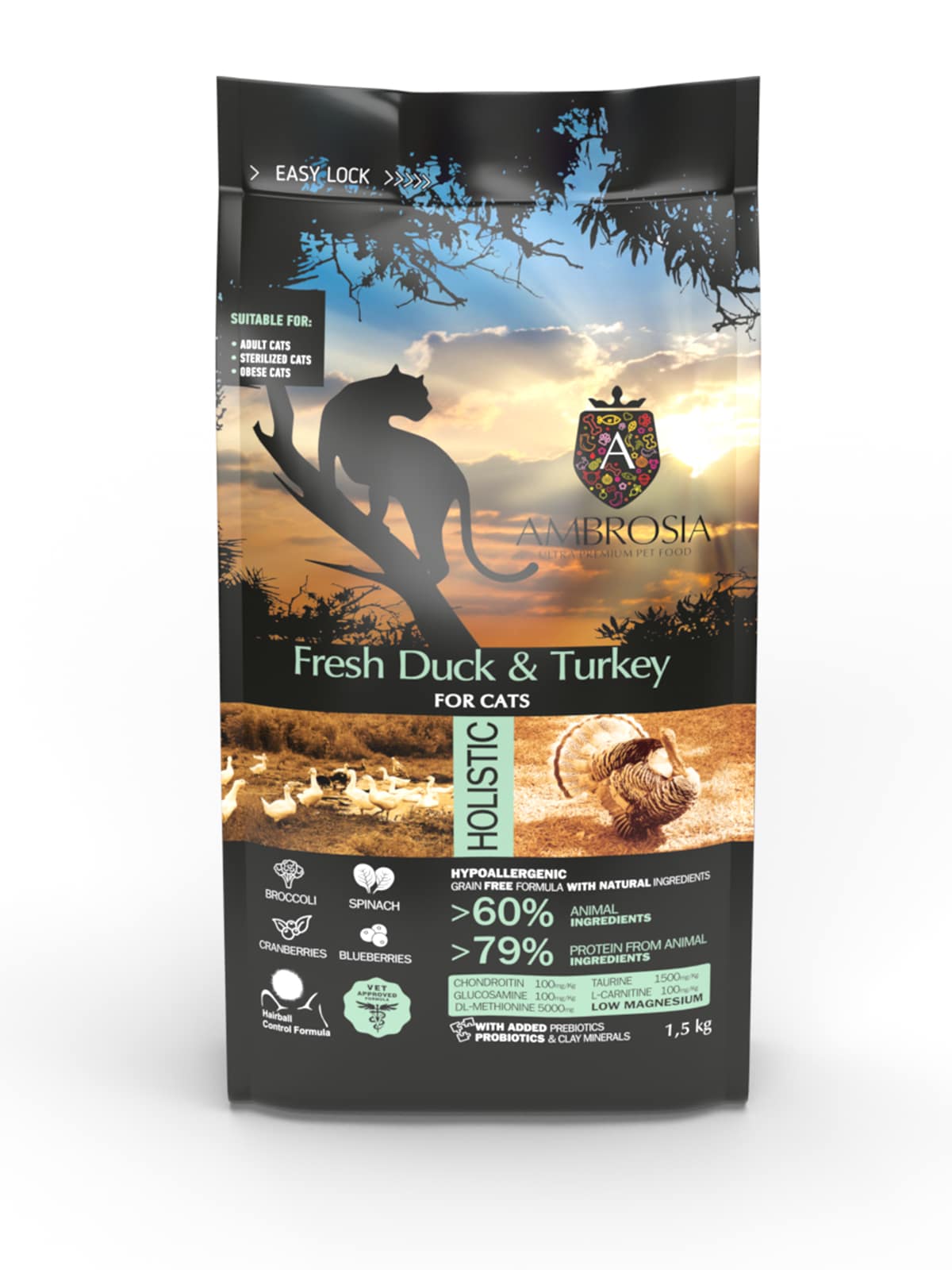 AMBROSIA begrūdis su šviežia antiena ir kalakutiena sausas maistas sterilizuotoms katėms, grain-free Sterilized Fresh Duck & Turkey 1,5 kg