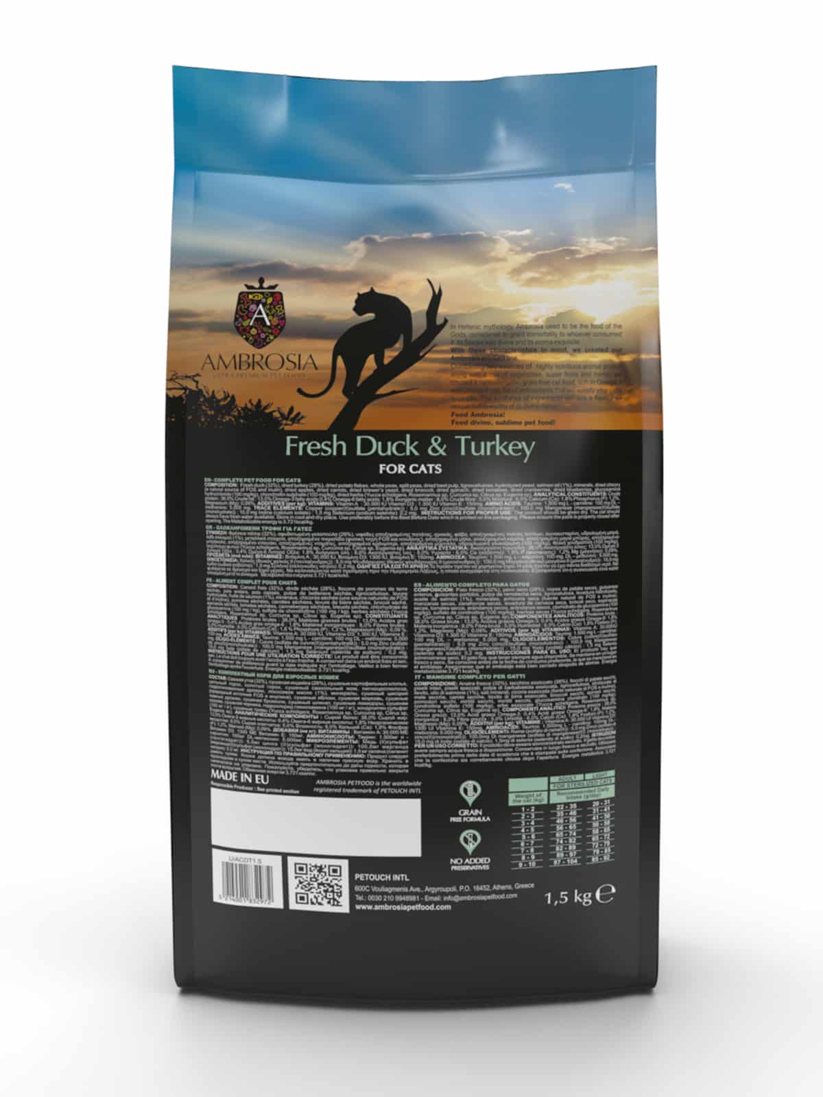 AMBROSIA begrūdis su šviežia antiena ir kalakutiena sausas maistas sterilizuotoms katėms, grain-free Sterilized Fresh Duck & Turkey 5 kg