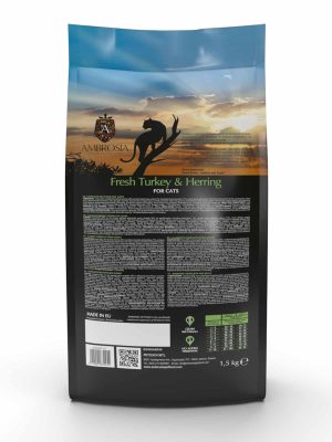AMBROSIA begrūdis su šviežia kalakutiena ir silke sausas maistas sterilizuotoms katėms, grain-free Sterilized Fresh Turkey & Herring 5 kg
